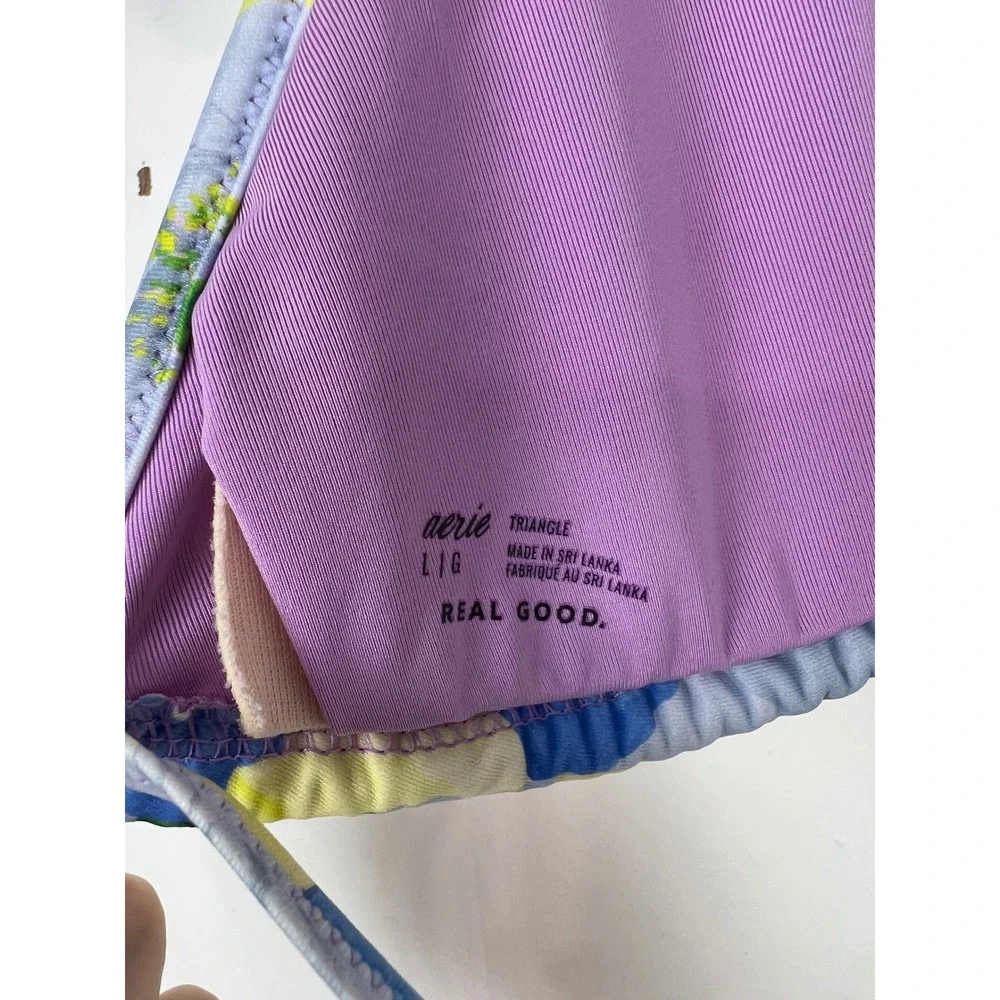 Aerie Real Good Floral Triangle Swim Bikini Top Blue Purple Yellow Large - Picture 3 of 3